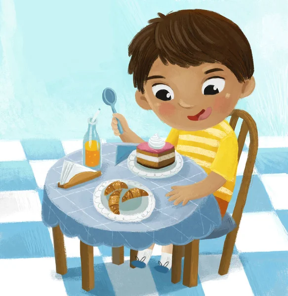 Scena Del Fumetto Con Ragazzo Mangiare Gustoso Dessert Illustrazione Bambini — Foto Stock
