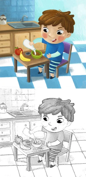 Dessin Animé Scène Avec Garçon Manger Savoureux Petit Déjeuner Illustration — Photo