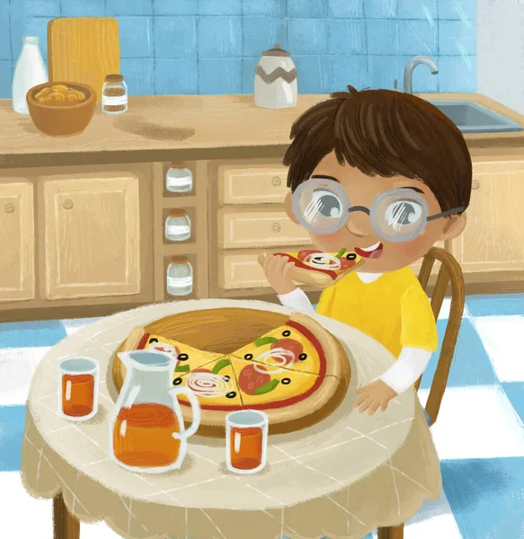 cartoon scene with boy eating tasty dinner illustration for kids