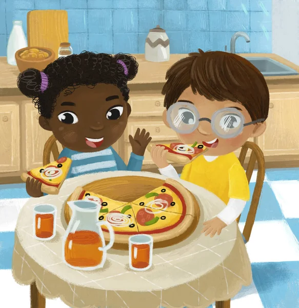 Σκηνή Κινουμένων Σχεδίων Αγόρι Και Κορίτσι Τρώει Νόστιμο Δείπνο Εικονογράφηση — Φωτογραφία Αρχείου