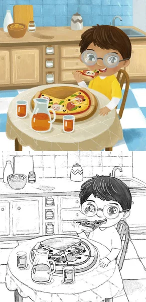 cartoon scene with boy eating tasty dinner illustration for kids