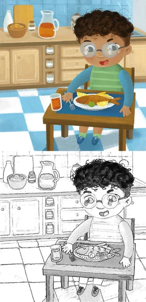 cartoon scene with boy eating tasty dinner fish illustration for kids