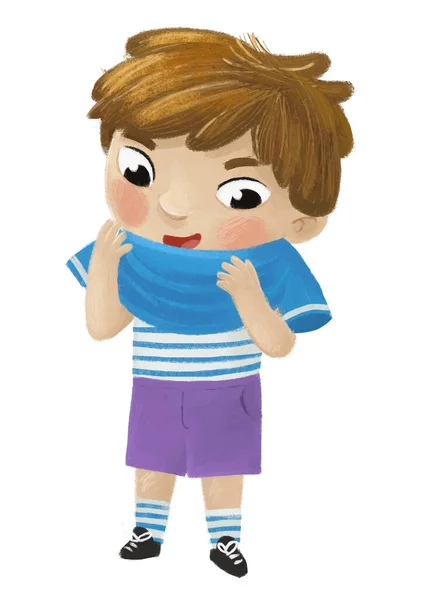 Kreskówki Dziecko Chłopiec Zdejmując Lub Zakładając Ubrania Przez Niego Ilustracja — Zdjęcie stockowe