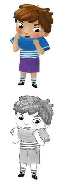 Karikatur Kind Kind Junge Ausziehen Oder Anziehen Kleidung Von Ihm — Stockfoto
