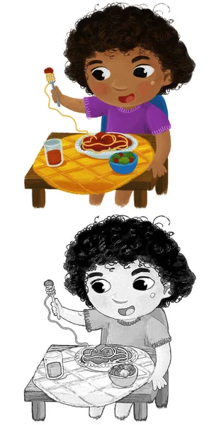 Escena Dibujos Animados Con Chica Comiendo Saludable Ilustración Cena — Foto de Stock