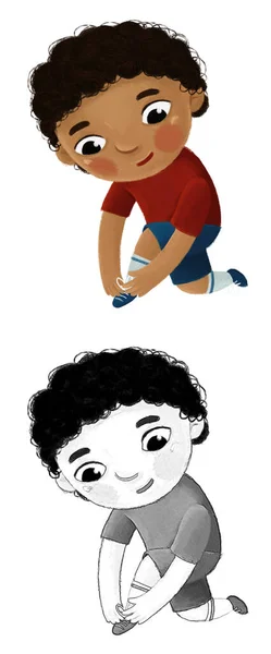 漫画の子供の男の子が脱いだり彼自身で服を着る子供のための子供時代のイラスト — ストック写真