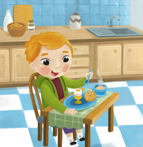 Escena Dibujos Animados Con Hermosa Cocina Brillante Con Niño Comiendo — Foto de Stock