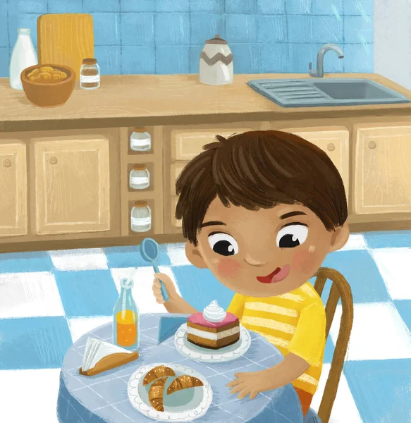 子供のためのイラストを食べる子供と美しい明るいキッチンと漫画シーン — ストック写真