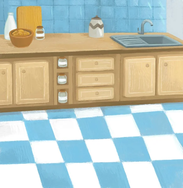 Escena Dibujos Animados Con Hermosa Cocina Luminosa Vacía Sin Ilustración —  Fotos de Stock