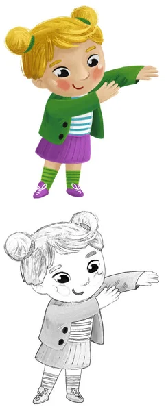 Kreslené Dítě Dítě Dívka Vzlétnout Nebo Uvedení Oblečení Něj Vlastní — Stock fotografie
