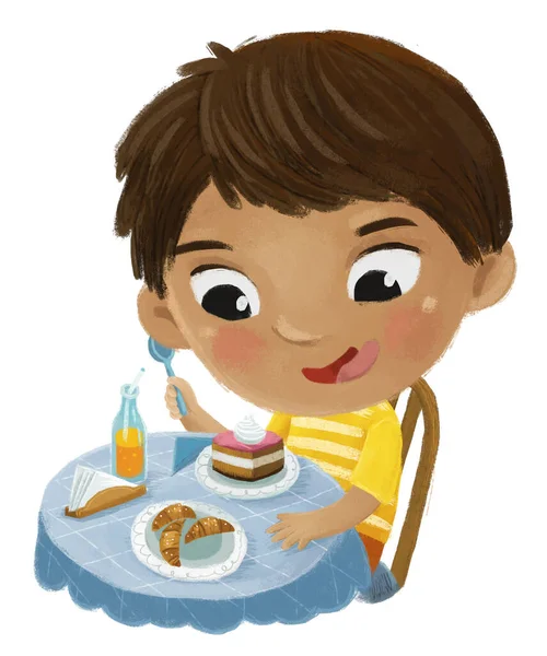 Cena Dos Desenhos Animados Com Menino Comendo Saborosa Sobremesa Ilustração — Fotografia de Stock