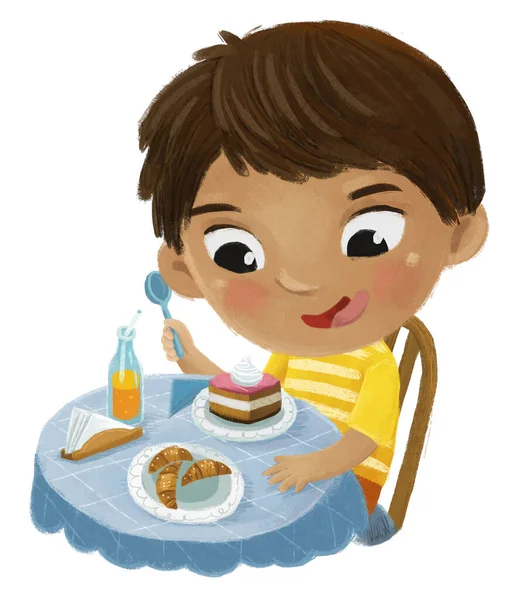 Cena Dos Desenhos Animados Com Menino Comendo Saborosa Sobremesa Ilustração — Fotografia de Stock