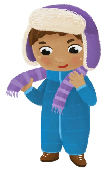 儿童卡通片男孩脱下或穿上冬衣 为孩子们展示自己童年的图景 — 图库照片