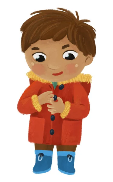 Kreslené Dítě Kluk Kluk Vzlétnout Nebo Uvedení Zimní Oblečení Něj — Stock fotografie