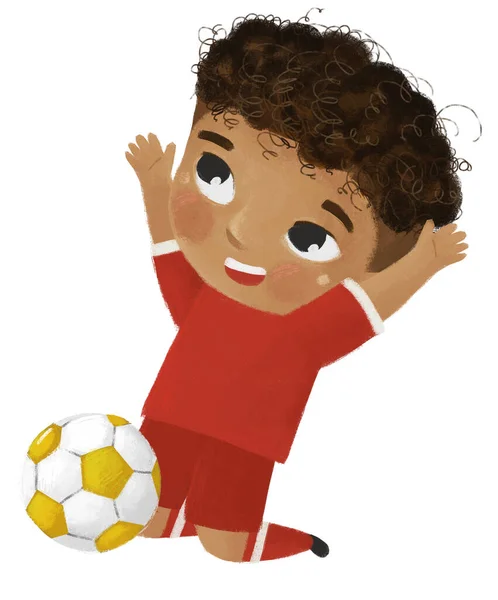 Escena Dibujos Animados Con Niño Jugando Fútbol Pelota Deporte Corriendo —  Fotos de Stock