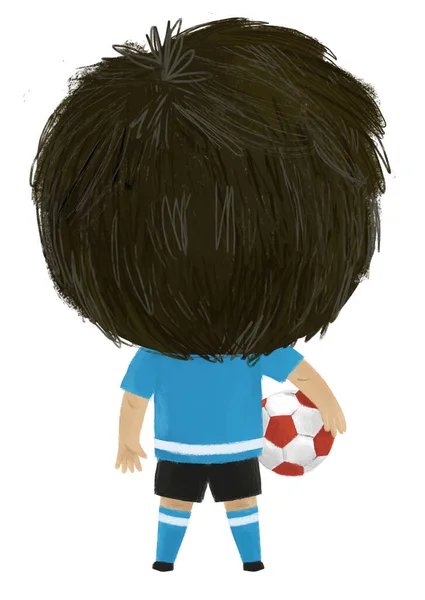Escena Dibujos Animados Con Niño Jugando Fútbol Pelota Deporte Corriendo — Foto de Stock