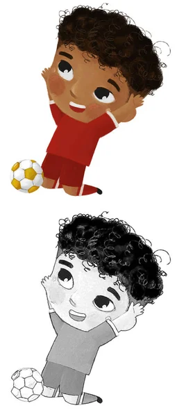 少年がスポーツボールサッカーをやっている漫画シーン 子供のためのイラスト — ストック写真