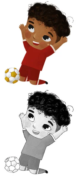 卡通片 男孩儿玩跑动球足球 儿童图解 — 图库照片