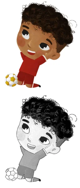 Escena Dibujos Animados Con Niño Jugando Fútbol Pelota Deporte Corriendo — Foto de Stock