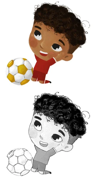 Kreskówka Scena Chłopcem Gra Piłkę Nożną Bieg Piłka Nożna Ilustracja — Zdjęcie stockowe