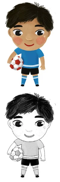Kreskówka Scena Chłopcem Gra Piłkę Nożną Bieg Piłka Nożna Ilustracja — Zdjęcie stockowe