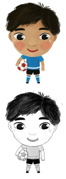 Kreslená Scéna Chlapcem Který Hraje Fotbal Ilustrace Pro Děti — Stock fotografie