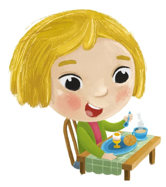 Kreslené Scény Dívkou Malá Dáma Jíst Zdravé Snídaně Ilustrace Pro — Stock fotografie