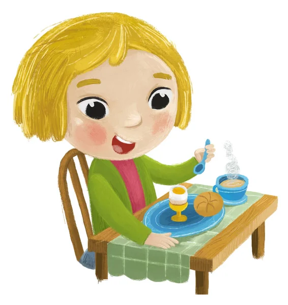 Cartoon Szene Mit Mädchen Die Ein Gesundes Frühstück Essen Illustration — Stockfoto