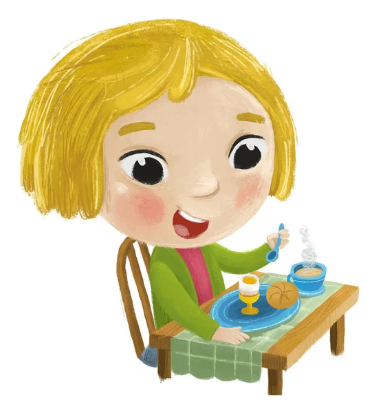 Σκηνή Κινουμένων Σχεδίων Κορίτσι Μικρή Κυρία Τρώει Υγιή Εικόνα Πρωινό — Φωτογραφία Αρχείου