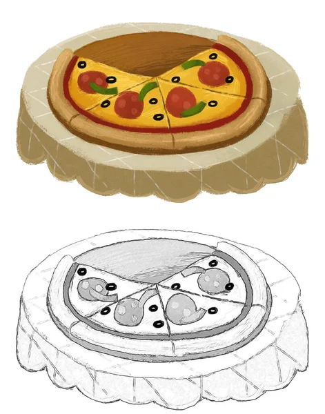 Σκηνή Κινουμένων Σχεδίων Πίτσα Τροφίμων Για Δείπνο Στο Τραπέζι Εικονογράφηση — Φωτογραφία Αρχείου