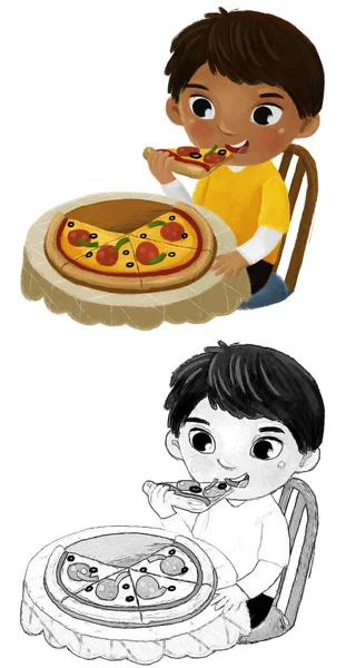 Cartoon Szene Mit Einem Jungen Der Pizza Zum Abendessen Isst — Stockfoto