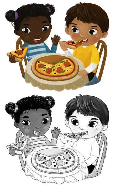 Cena Dos Desenhos Animados Com Menino Menina Comendo Pizza Para — Fotografia de Stock