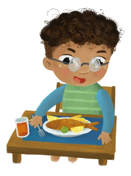 Rajzfilm Jelenet Fiú Eszik Egészséges Vacsora Sült Hal Illusztráció Gyerekeknek — Stock Fotó