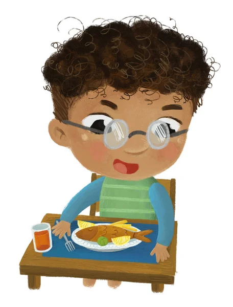 Escena Dibujos Animados Con Niño Comiendo Cena Saludable Pescado Frito —  Fotos de Stock
