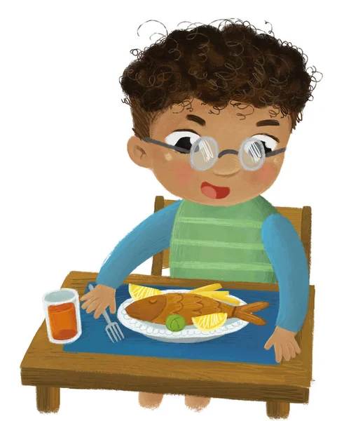 Cena Dos Desenhos Animados Com Menino Comendo Saudável Jantar Peixe — Fotografia de Stock