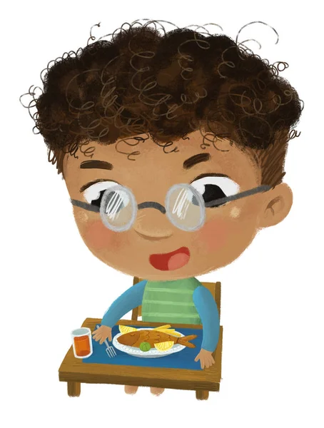 Escena Dibujos Animados Con Niño Comiendo Cena Saludable Pescado Frito —  Fotos de Stock
