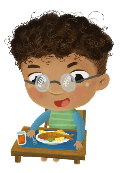 Cartoon Scene Boy Eating Healthy Dinner Fried Fish Illustration Kids — Stock Photo, Image