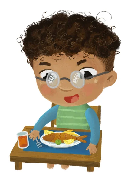 Σκηνή Κινουμένων Σχεδίων Αγόρι Τρώει Υγιεινό Δείπνο Τηγανητά Ψάρια Εικονογράφηση — Φωτογραφία Αρχείου