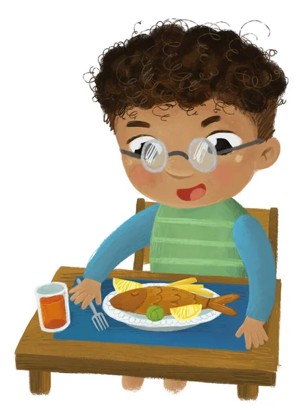 Σκηνή Κινουμένων Σχεδίων Αγόρι Τρώει Υγιεινό Δείπνο Τηγανητά Ψάρια Εικονογράφηση — Φωτογραφία Αρχείου