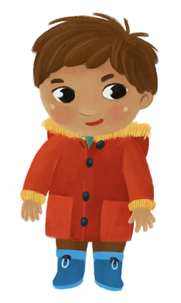 Kreslené Dítě Kluk Kluk Vzlétnout Nebo Uvedení Zimní Podzimní Oblečení — Stock fotografie