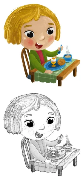Escena Dibujos Animados Con Niña Pequeña Dama Comiendo Desayuno Saludable — Foto de Stock