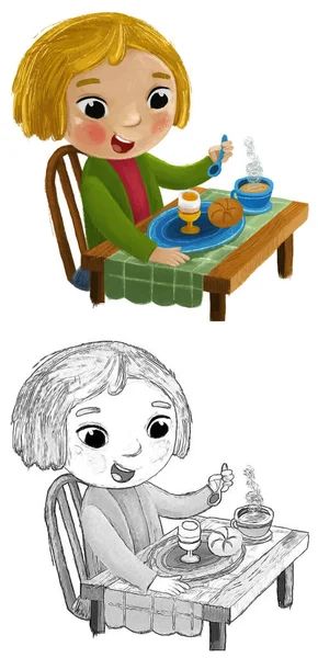 Rajzfilm Jelenet Lány Kis Hölgy Eszik Egészséges Reggeli Illusztráció Gyerekeknek — Stock Fotó