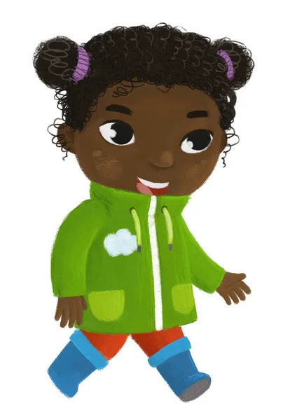 Kreskówka Dziecko Dziewczynka Startując Lub Wprowadzenie Zimę Jesień Deszczowe Ubrania — Zdjęcie stockowe