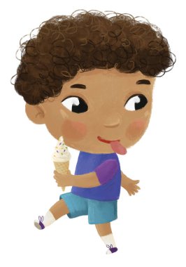 Çocuklar için tatlı dondurma yiyen bir çocuğun olduğu çizgi film sahnesi.