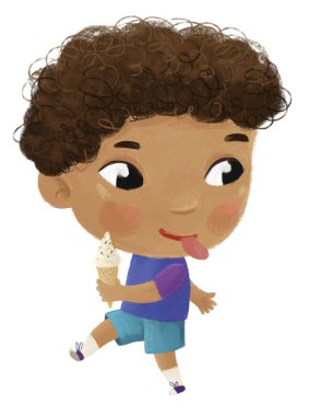 Çocuklar için tatlı dondurma yiyen bir çocuğun olduğu çizgi film sahnesi.