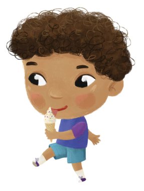 Çocuklar için tatlı dondurma yiyen bir çocuğun olduğu çizgi film sahnesi.