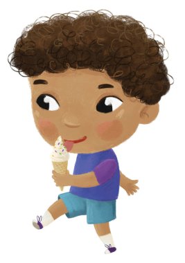 Çocuklar için tatlı dondurma yiyen bir çocuğun olduğu çizgi film sahnesi.