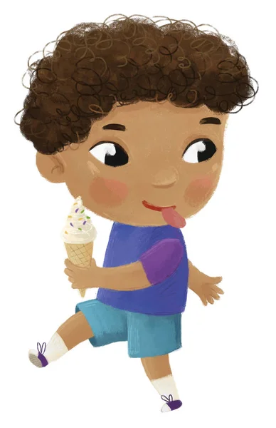 子供のためのおいしいデザートアイスクリームイラストを食べる男の子と漫画シーン — ストック写真