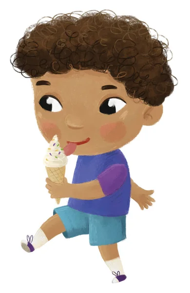 Мультяшна Сцена Хлопчиком Їсть Смачний Десерт Морозиво Ілюстрація Дітей — стокове фото