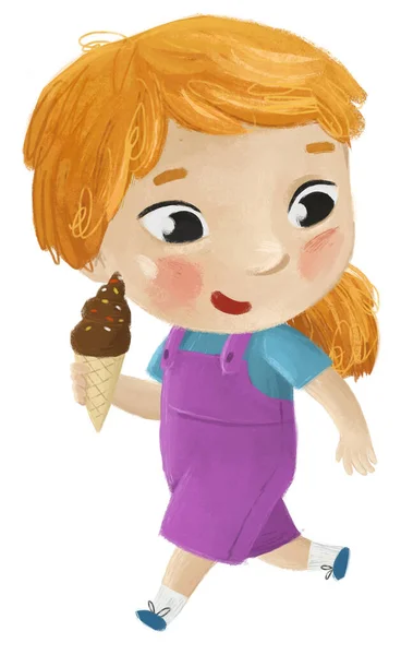Cena Dos Desenhos Animados Com Menina Comendo Saborosa Sobremesa Gelado — Fotografia de Stock